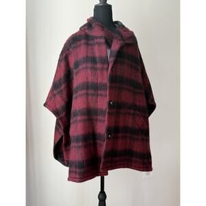 Coach New York Buffalo Plaid Wool Alpaca Cape Coat Hooded Poncho Red Black XS/S